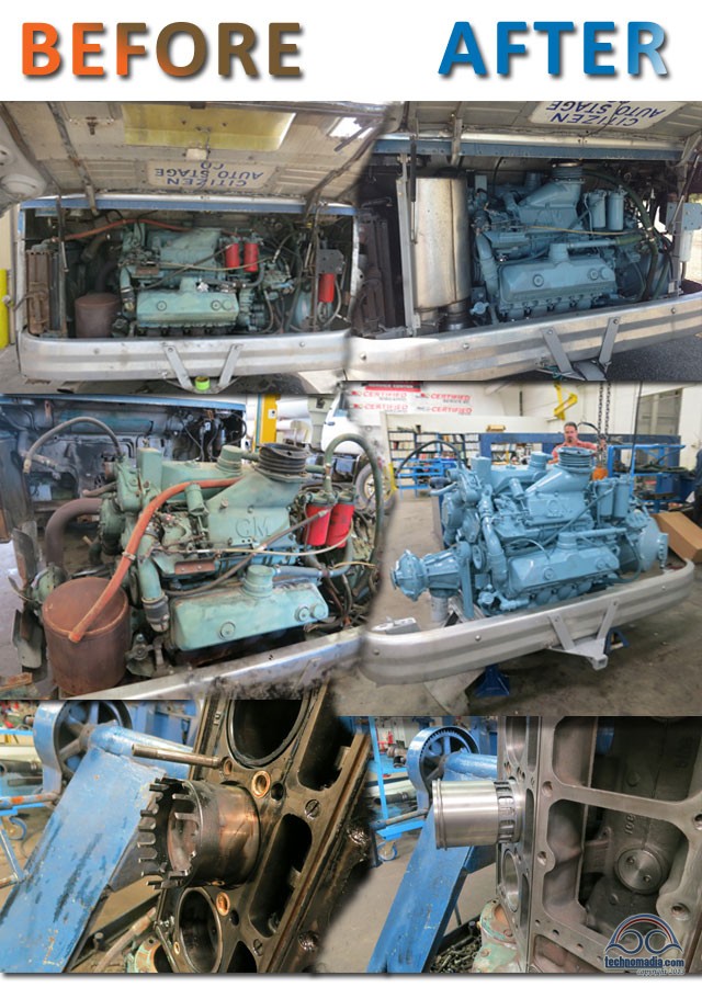 Our engine bay before and after our engine overhaul in summer 2013. 