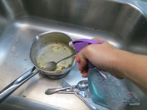 Pre-soaking dishes with diluted disk soap.