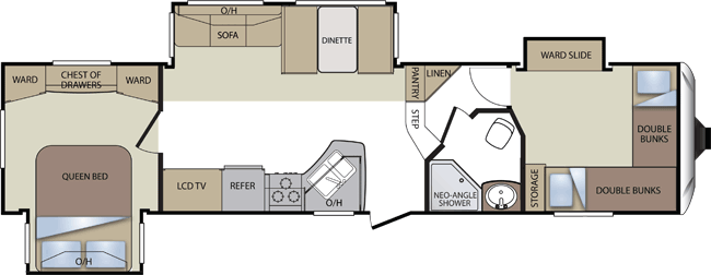The original floorplan - bunk room up front, main bedroom in rear.