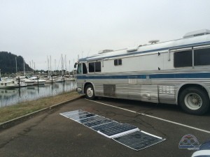 Testing a variety of solar panels while boondocking at Winchester Bay Marina.