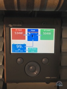 The Victron CCGX control panel (here showing the new UI we have been beta testing) gives a beautiful and easy to understand view of where the watts are flowing in your RV electrical system.