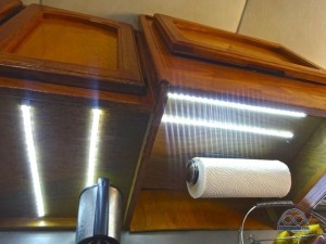 The under cabinet lighting using LED strip lights. 