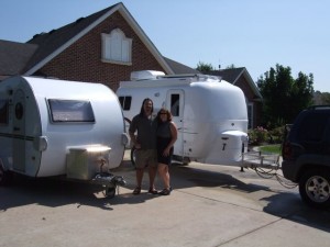 Our old 16' Tab next to our 17' Oliver - our first two homes together. 