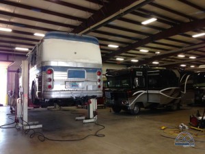 Up on a lift! Zephyr getting serviced at Master Tech RV in May 2014. 