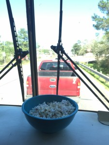 Stuck in bumper to bumper traffic for a bit.. so we made popcorn. 