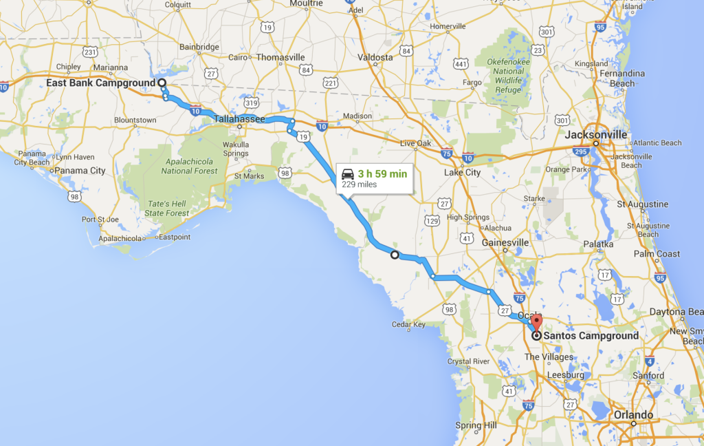 Our route to Santos Campground near Ocala. 