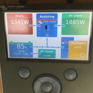 Our Victron CCGX control panel lets us see the power from sun, shore, and battery combining to keep us cool on a hot Georgia afternoon.