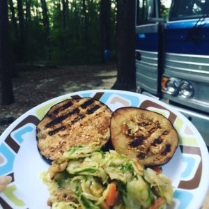 Longer stays means we set up the grill... grilled balsamic eggplant with brussel sprout, walnut & apple salad. Yum!