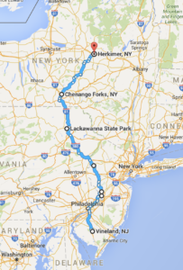 Our general route from Vineland, NJ to Herkimer, NY. 