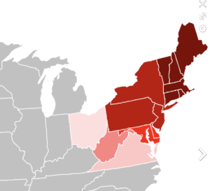 "The Census Bureau has defined the Northeast region as comprising nine states: the New England states of Connecticut, Maine, Massachusetts, New Hampshire, Rhode Island, and Vermont; and the Mid-Atlantic states of New Jersey, New York, and Pennsylvania." - Wikipedia