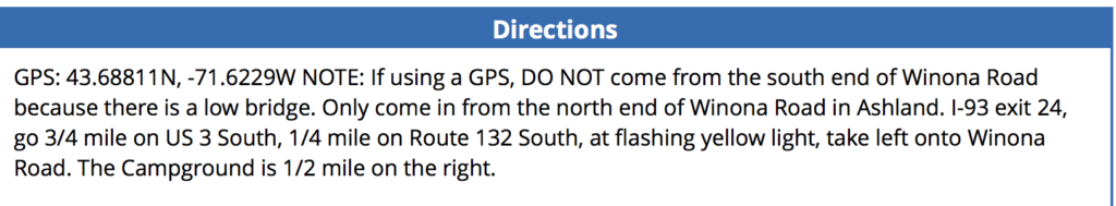 Ames Brook Campground in Ashland, NH had these instructions on their Passport America listing, but not their website. 