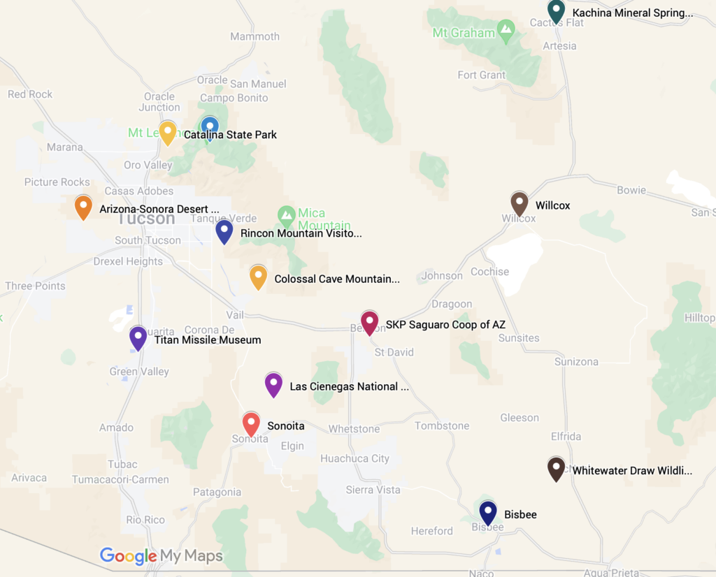 Map of places we explored around Benson, AZ in 2023